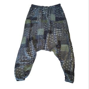 VTG Y2K Blue Floral Plaid Drop Crotch Aladdin Capri Harem Unisex Pants M…